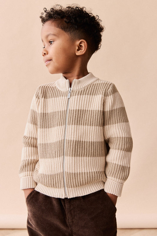 Idris Knit Zip Cardigan - Wide Stripe Rye/Buff