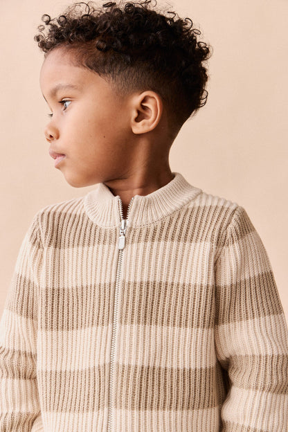 Idris Knit Zip Cardigan - Wide Stripe Rye/Buff