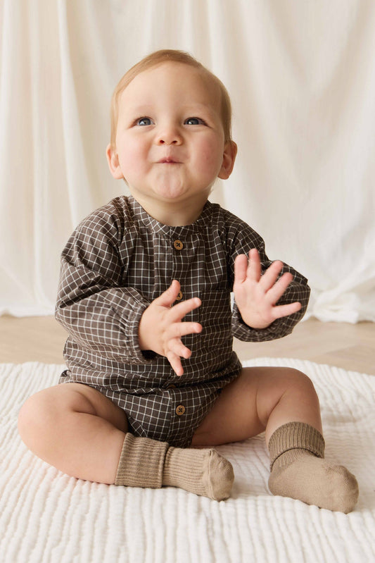 Organic Cotton Ellis Playsuit - Coffee Grid