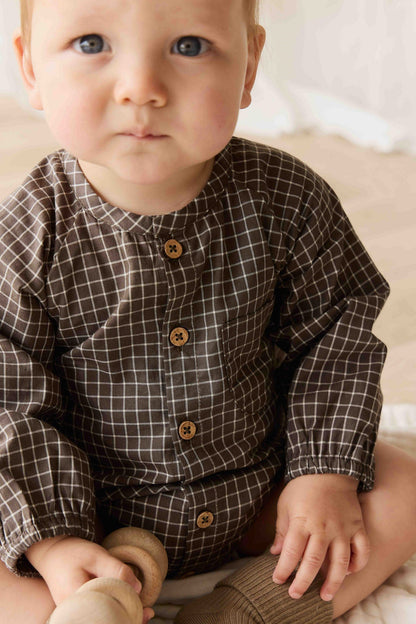 Organic Cotton Ellis Playsuit - Coffee Grid