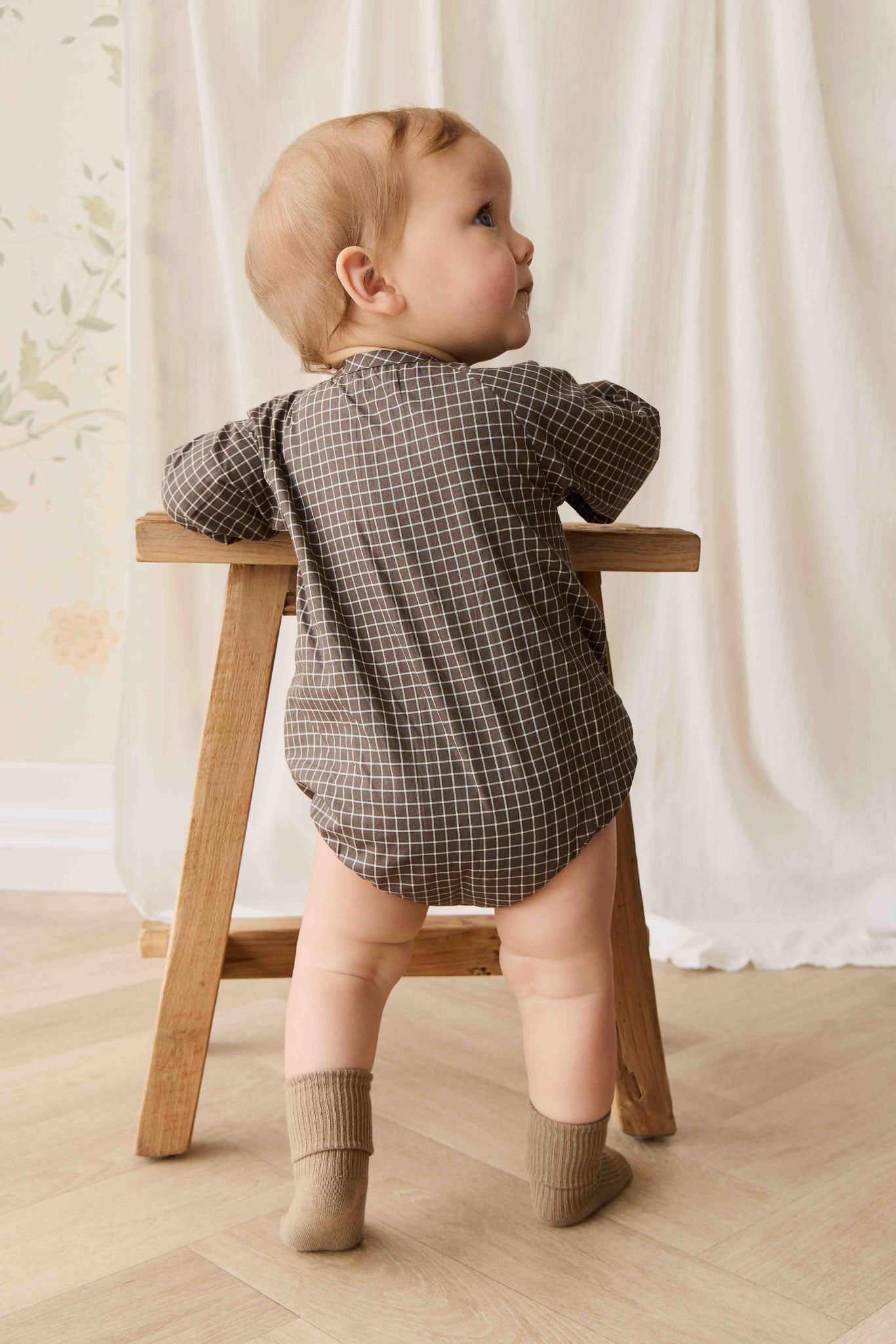 Organic Cotton Ellis Playsuit - Coffee Grid