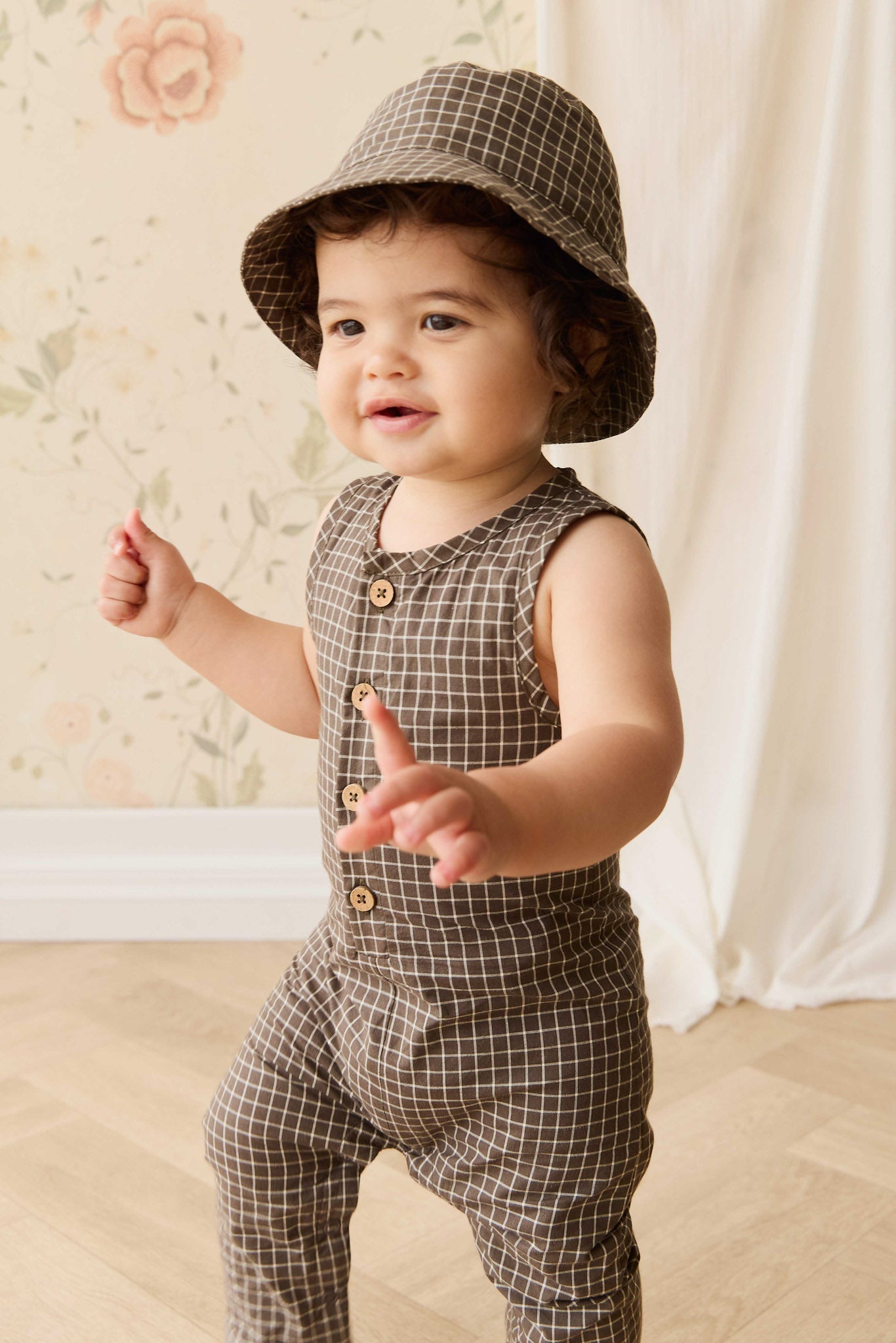 Organic Cotton Milo Jumpsuit - Coffee Grid