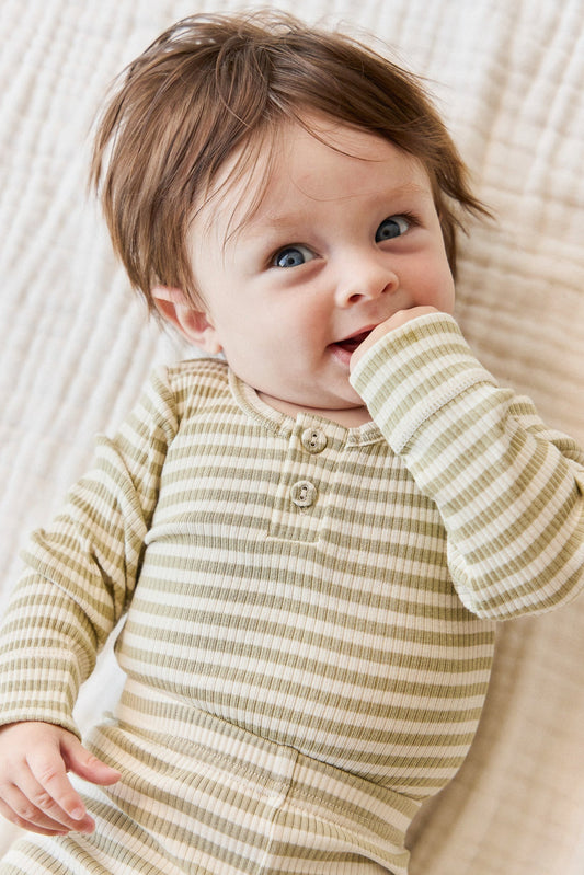 Organic Cotton Modal Long Sleeve Bodysuit - Slim Stripe Pampas/Sun Rays