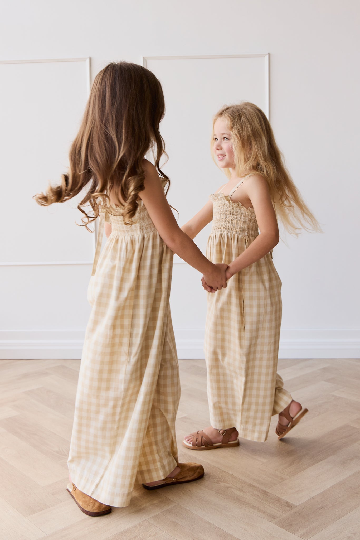 Organic Cotton Arabella Jumpsuit - Gingham Pale Khaki