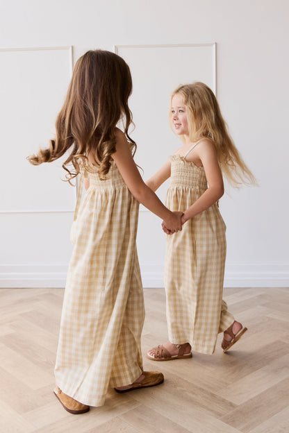 Organic Cotton Arabella Jumpsuit - Gingham Pale Khaki