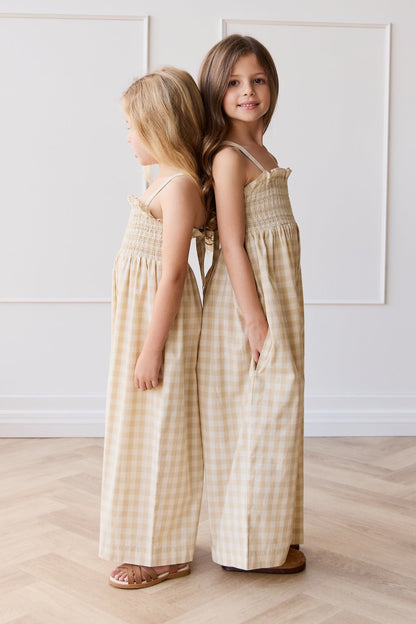 Organic Cotton Arabella Jumpsuit - Gingham Pale Khaki