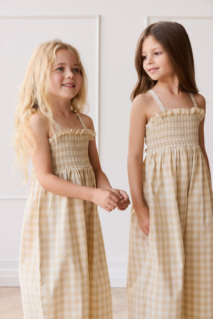 Organic Cotton Arabella Jumpsuit - Gingham Pale Khaki