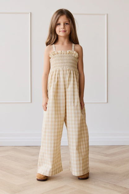 Organic Cotton Arabella Jumpsuit - Gingham Pale Khaki