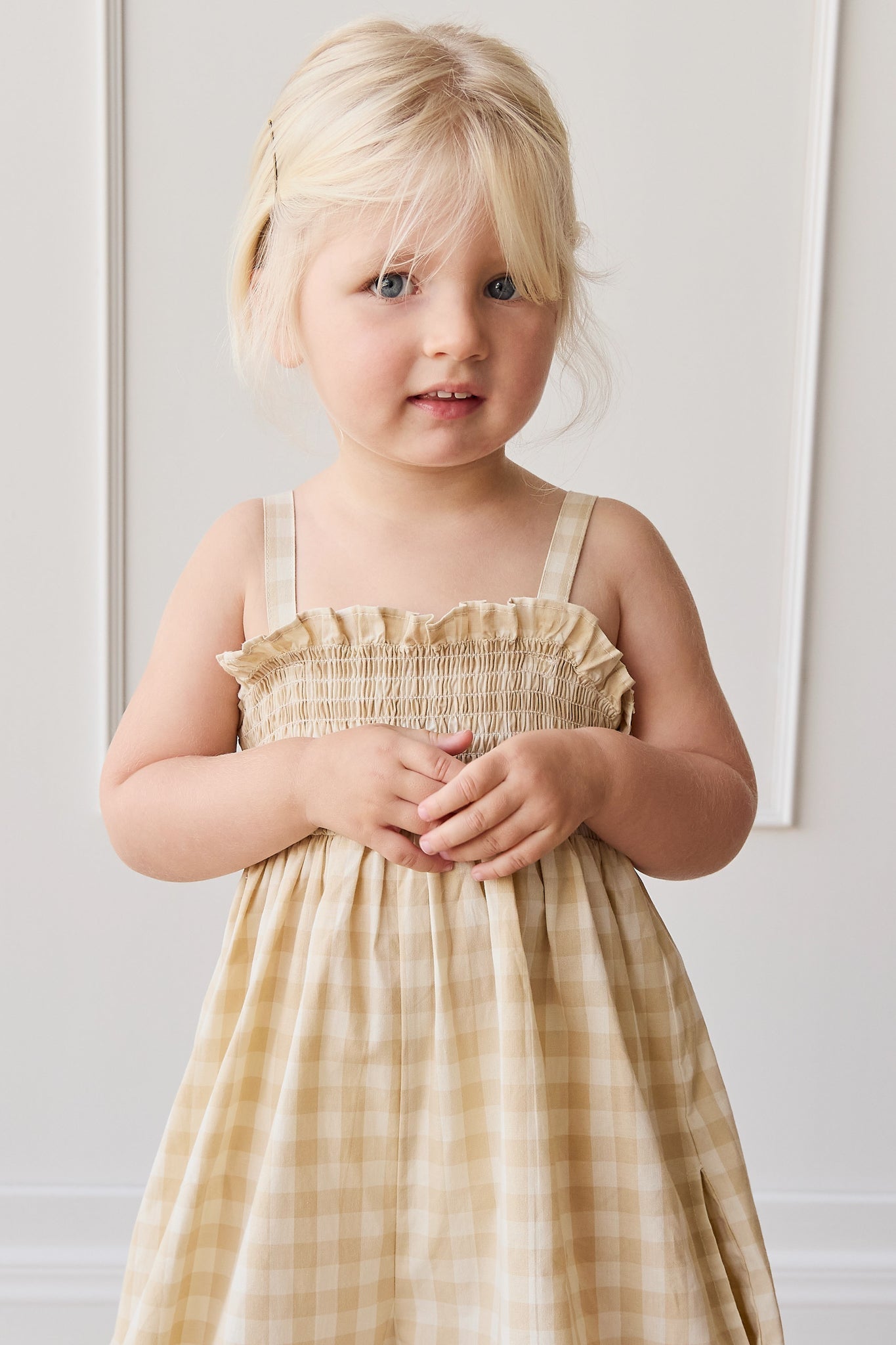Organic Cotton Arabella Jumpsuit - Gingham Pale Khaki