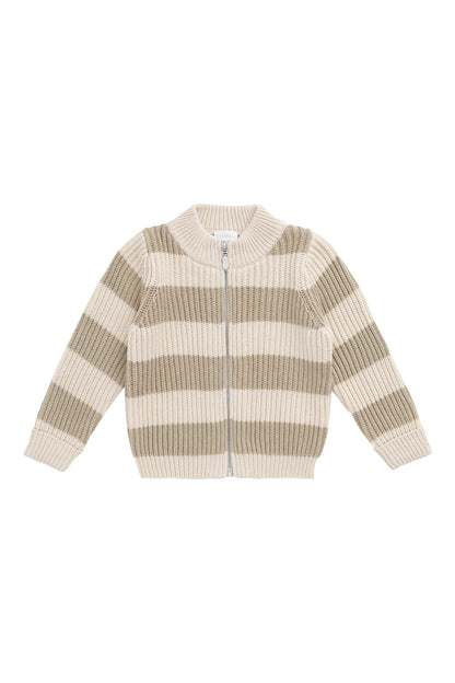 Idris Knit Zip Cardigan - Wide Stripe Rye/Buff