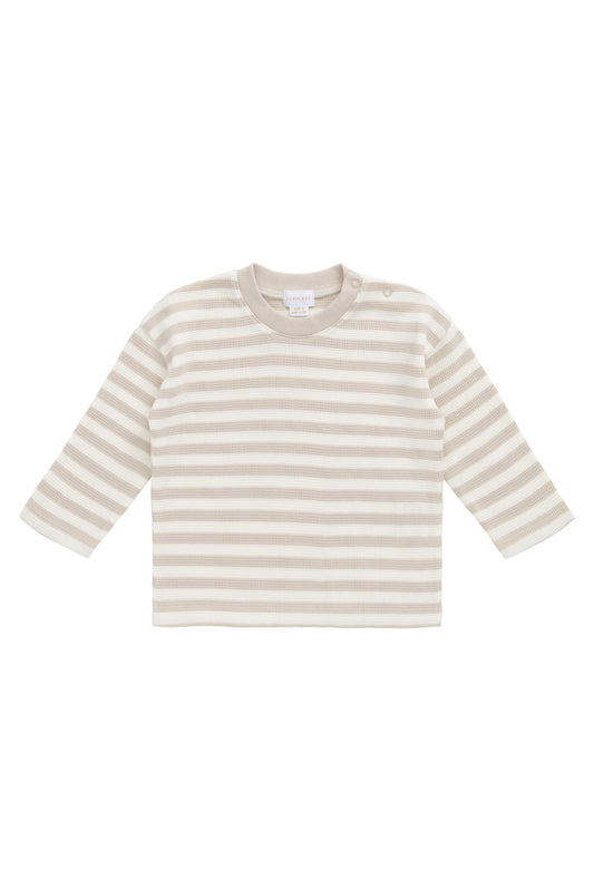 Organic Cotton Waffle Leith Long Sleeve Top - Staple Stripe Oat/Cloud