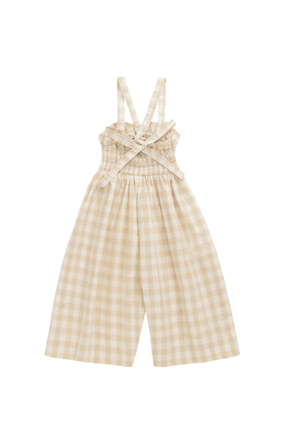 Organic Cotton Arabella Jumpsuit - Gingham Pale Khaki
