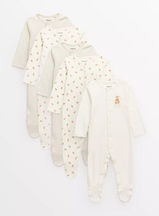 Cream Bear Print Long Sleeve Sleepsuits 7 Pack Up to 3 mths