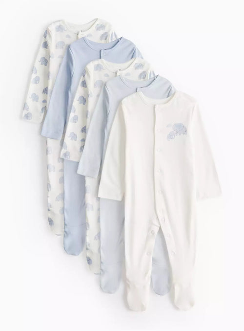 Blue Elephant Print Long Sleeve Sleepsuits 5 Pack 6-9