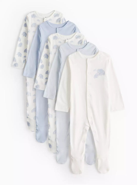 Blue Elephant Print Long Sleeve Sleepsuits 5 Pack 6-9