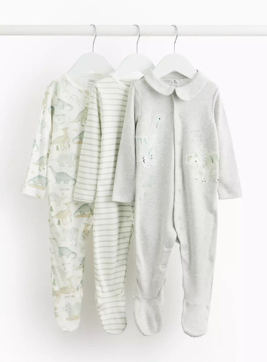 Dino Printed Collared Sleepsuits 3 Pack 9-12 months